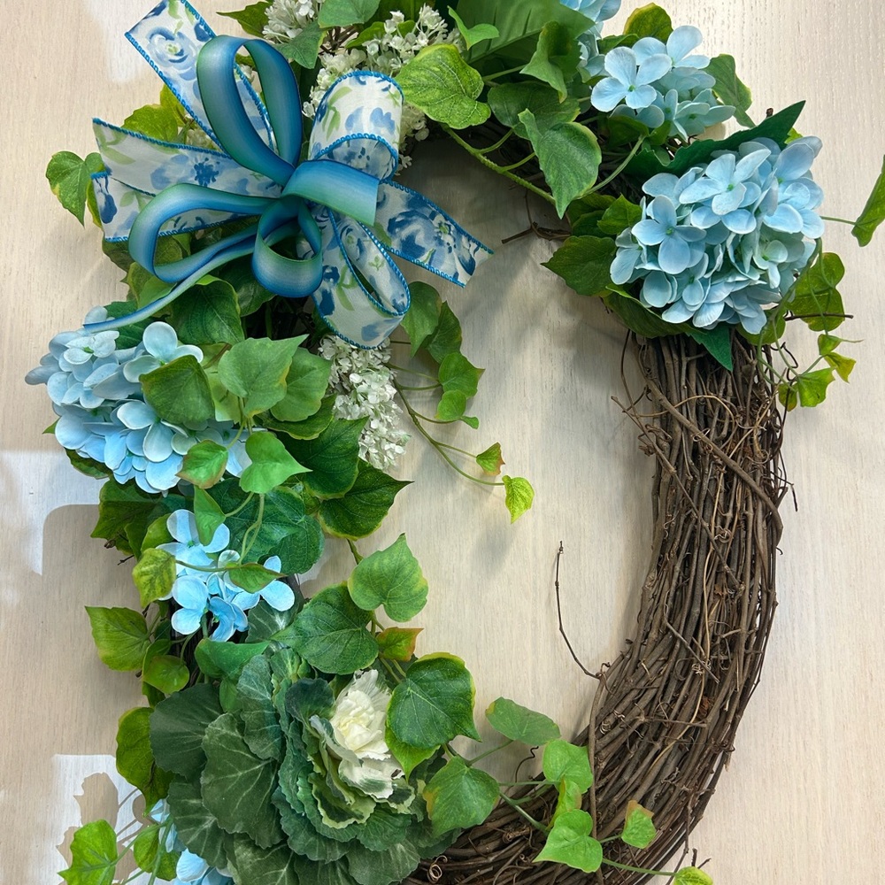 Floral Wreath with Blue Hydrangeas and Greenery
